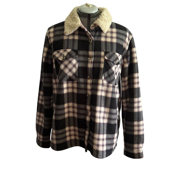 SoHo Threads Plaid Sherpa-Lined Flannel Jacket Faux Fur Collar L Black & Beige - Picture 1 of 9